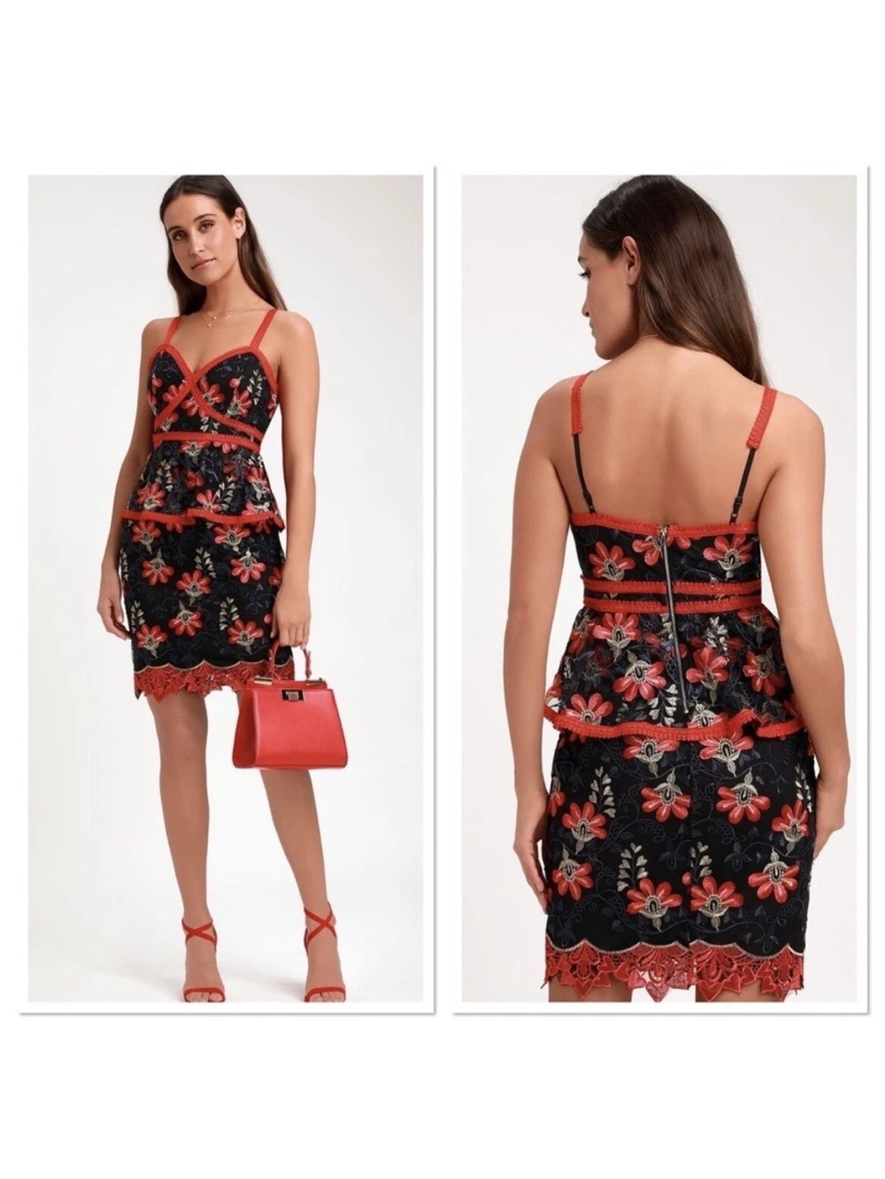 Lulu's Black Mini Dress with Red Floral Lace Trim